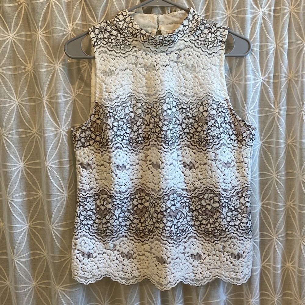 Sleeveless Lace Overlay High-Neck Top - White & Brown - Picture 13 of 13